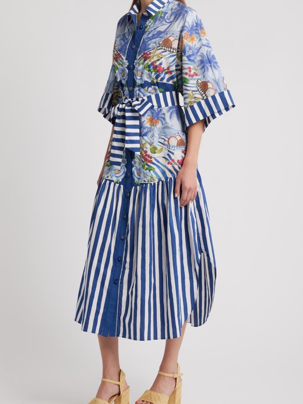 FARM Rio Blue & White Floral-Striped Button Midi Dress fresh scarf print - Picture 3 of 5